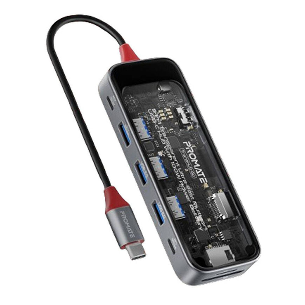 Promate TransHub-Go 9-in 1 Transparent Ultra-Fast Multiport USB-C Hub with 100W Power Delivery Promate TransHub-Go 9-in 1 Transparent Ultra-Fast Multiport USB-C Hub with 100W Power Delivery